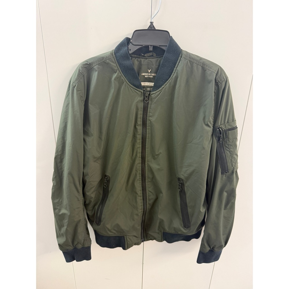 American Eagle Mens Technical Bomber Jacket Medium Olive Green Full Zip Quilted